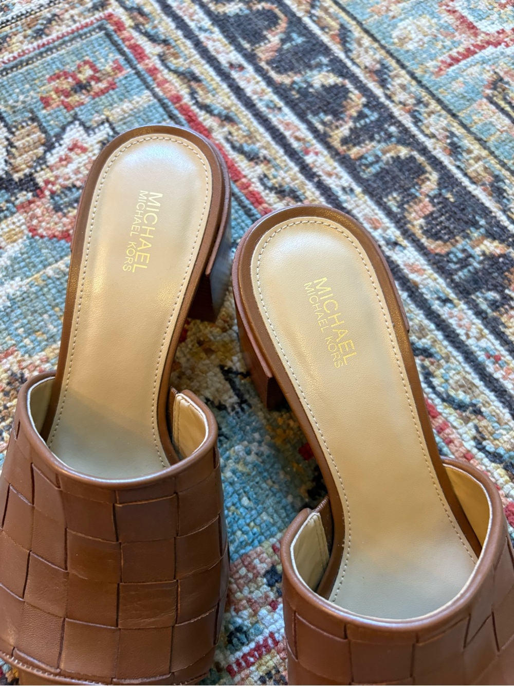 Michael Kors | Brown Woven Ingrid Leather Block Heel Mules | 7 - Picture 5 of 10